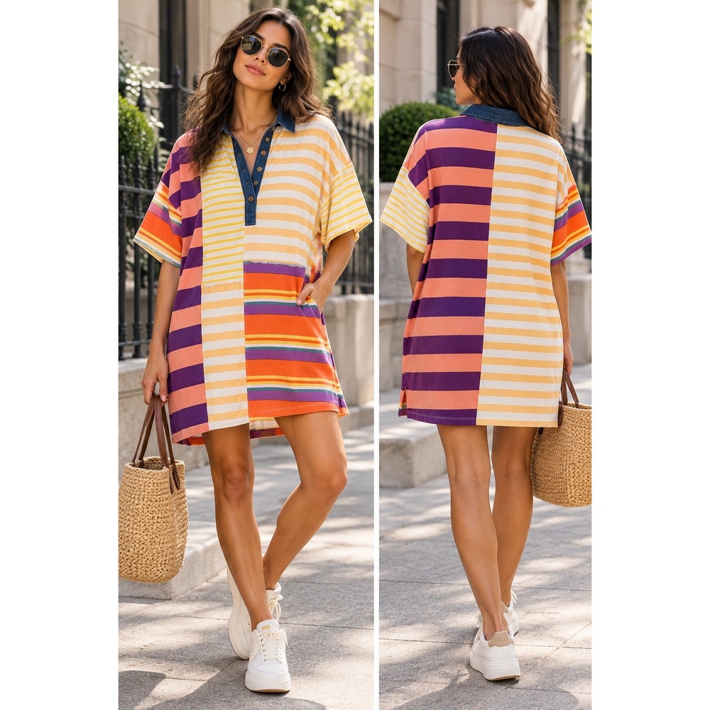 Free People Charlie Tee Dress XS Rugby Patchwork Striped Oversized Boho Mini